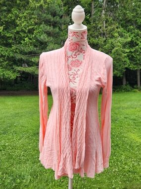 Women's Light Pink Open-Front Cardigan with Textured Trim